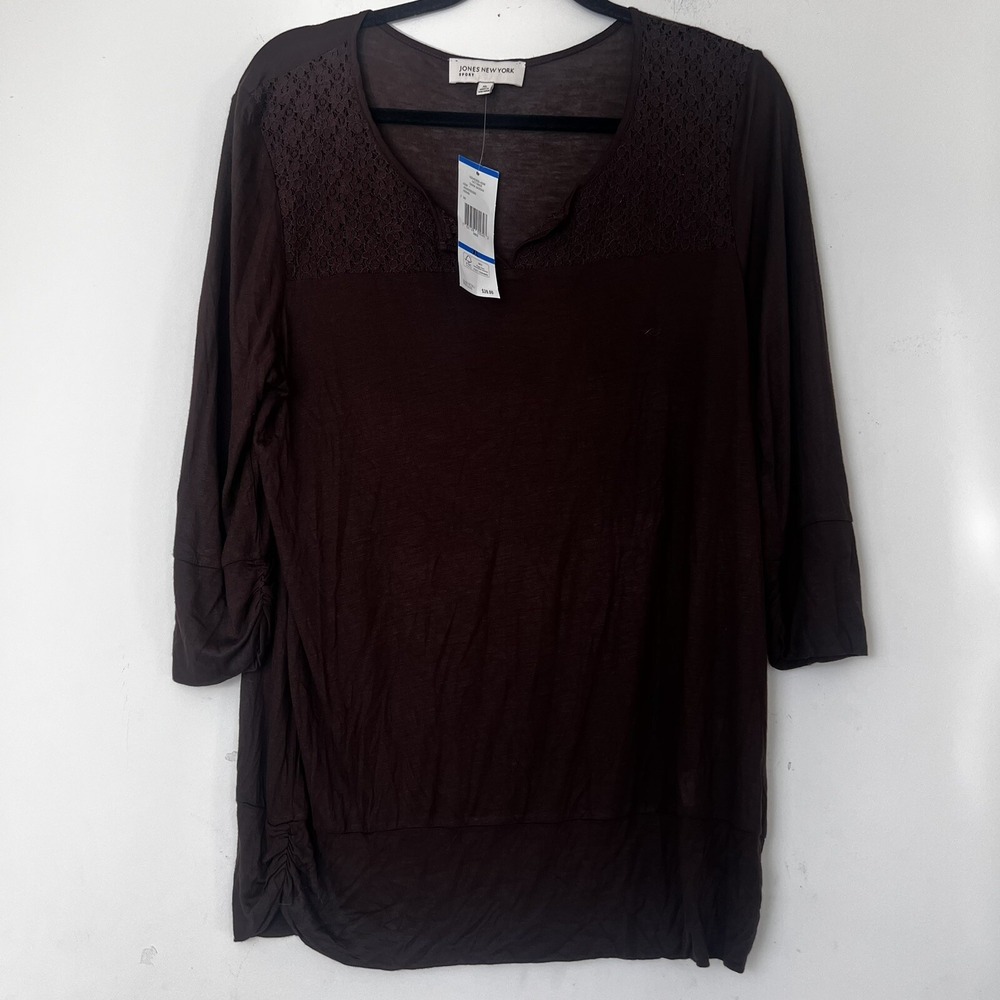 Women Blouse Tops XL V Neck Lightweight Brown Blouse Jones New York Sport